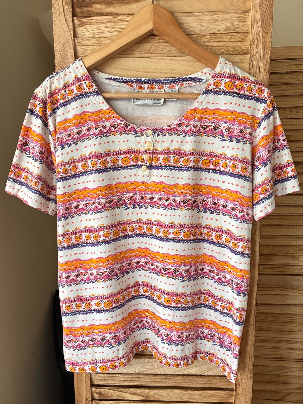 Maggie Lawrence VTG Cotton Henley Top Short Sleeve Geometric Tribal Print M Boho